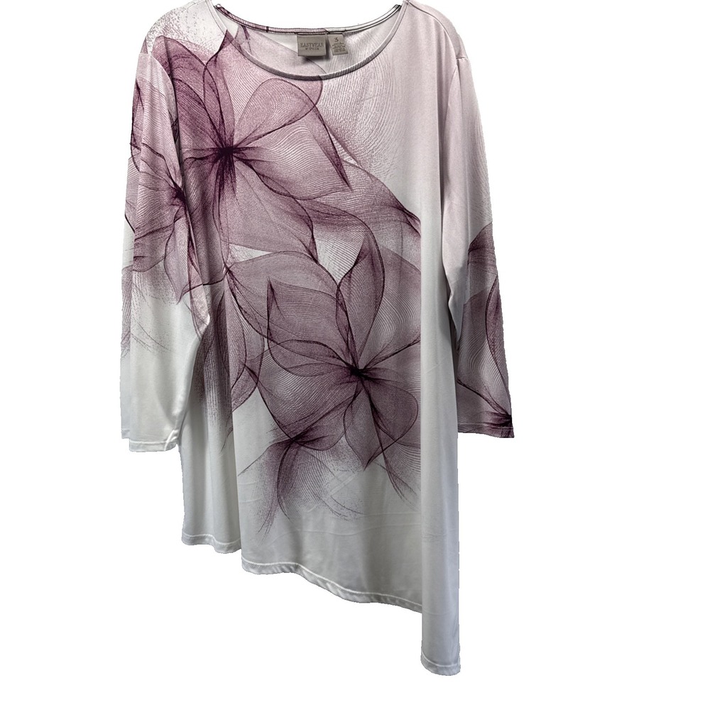 Chicos Women's Asymmetrical Top XL Purple Art Floral 3/4 Sleeves Tunic Stretch
